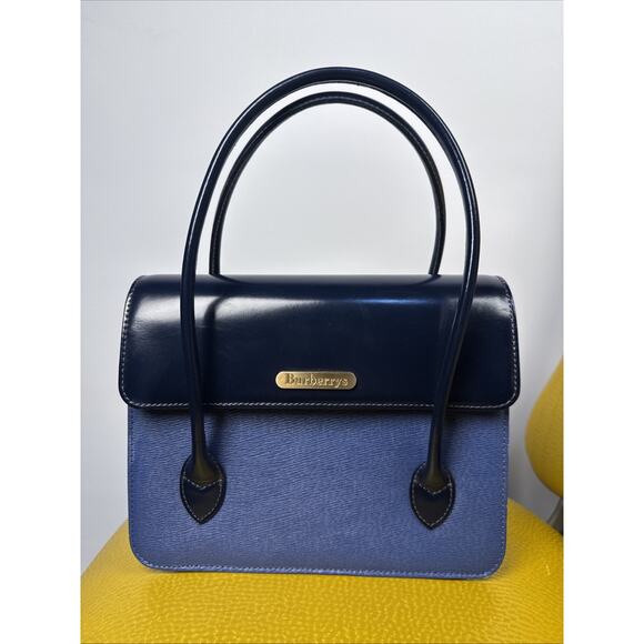 Burberry Handbags - Burberry Hand Bag Leather Blue Navy Gold Auth